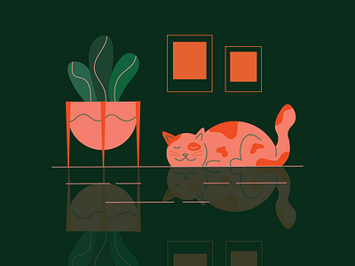 Sleeping Cat cat illustration kitty planter plants reflection