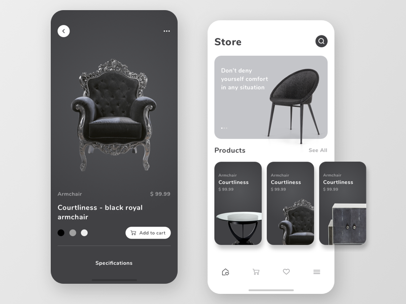 E-commerce mobile app concept product card table store armchair furniture store furniture app app icon typography ux design vector ux ui ios design ui ux mobile app ui design e-commerce app e-shop e-commerce