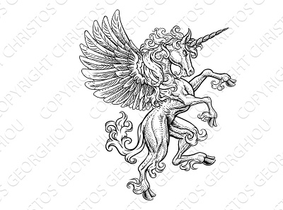 Pegasus Unicorn Rearing Rampant Crest Wings Horse animals arm arms coat crest family horn horse icon myth pegasus rampant rearing standing unicorn unicorns vector wing wings woodcut