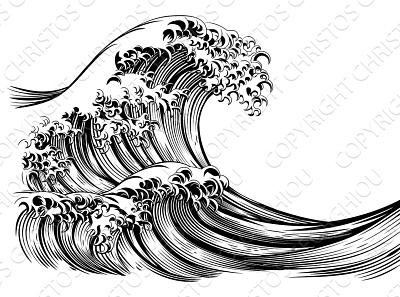 An oriental Japanese great wave in a vintage retro engraved etch artwork asian back ground background draw drawing engrave great great wave illustration japan japanese kanagawa off painting sea vector vintage wave waves