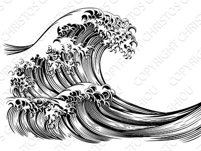 An oriental Japanese great wave in a vintage retro engraved etch