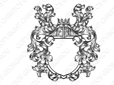 Knight Heraldic Crest Coat of Arms Shield Emblem arms coat crest crown drawing emblem filigree helmet heraldic heraldry knight knights logo motif royal scroll shield vector vintage woodcut