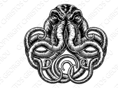 Octopus Vintage Retro Style art black cthulhu drawing giant illustration kraken monster octopus silhouette squid tatoo tattoo tentacle tentacles vector vintage white woodblock woodcut