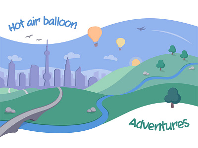Hot Air Balloon Adventures art city clean flat illustration landscape rolling hills simple vector