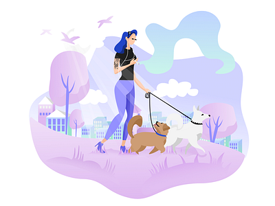 Us colors dogs dogwalk gradients happy time illustration outside pink purple