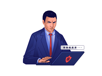data protection character design illustration laptop man password portrait shield suit vector illustration