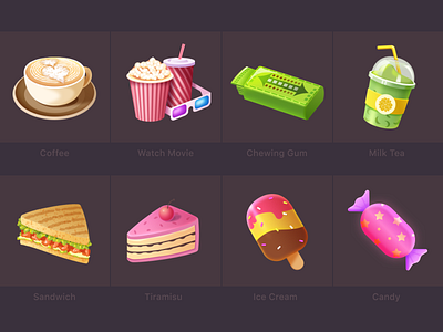 Food icons candy chewing gum coffe design food ice cream icon illustration milk tea sandwich tiramisu vector watch movie