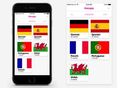 Vocapp iOS app (Concept 2) app apple emoji flag gradient ios ios 10 language pink translate ui ux