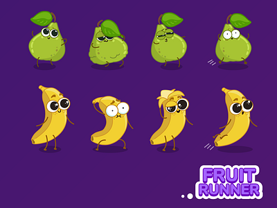 Mobile game characters (Part 1) 2d animation banana character color cute design flat fruit funny game illustration mobile mobile app mobile game pear vector