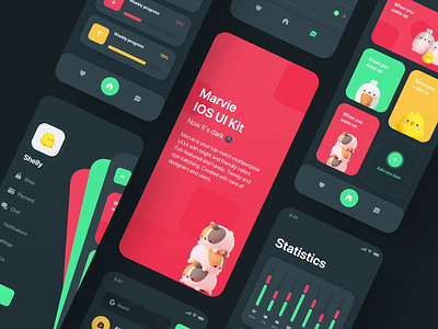Marvie iOS App UI Kit // Dark Theme animation animation after effects app clean colorful concept dark theme design gallery minimal mobile mobile design store typography ui ui kit ux video
