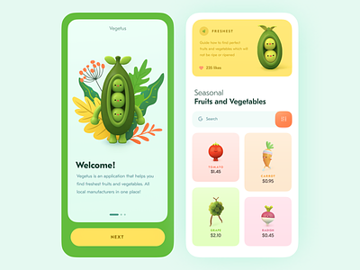 Veggie Shop App app application design bright colors clean concept design food illustration minimal mobile product design typography ui ux vector vegetables