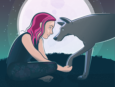 Me & My Wolf dog female illustration illustrator moon vector