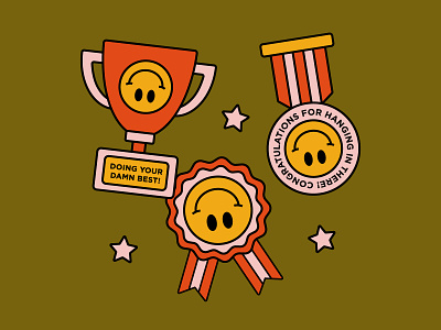 Celebrating all the wins! award badge graphic illustration medal simplistic smiley trophy