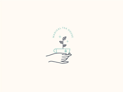 Magical Tea House cup hand illustration leaf logo magic tea