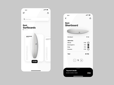 Surf Rental app card design ios payment renting surf surfing ux