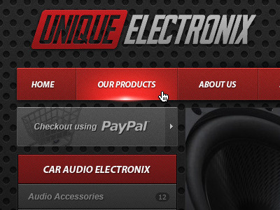 UniqueElectronix buttons cart dark header logo navigation paypal red texture ui website