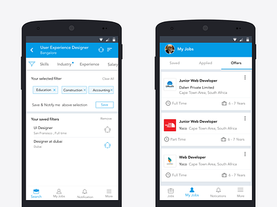 Job filters and offers business app job offers recruiter ui design