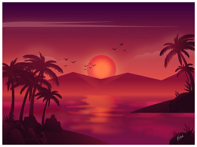 Sun set (monochromatic) illustration landscape illustration sunset vector