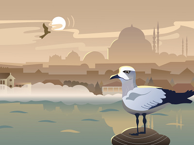 Landscape with a seagull city gull illustration sea seagull sunrise town vector