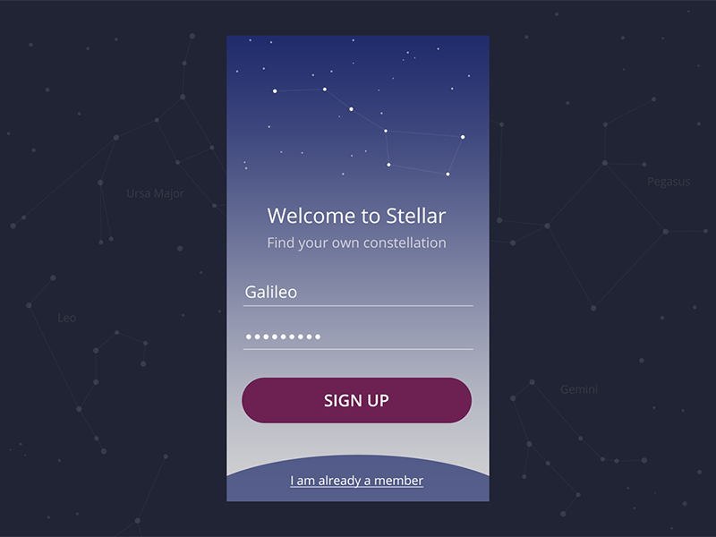 Daily UI #001 Sign Up daily ui sign up sky space constellation stellar app