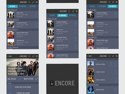 Encore App Screens app branding creative design graphic design illustrator logo music music app product design social media ui user experience user inteface ux ux design vector web