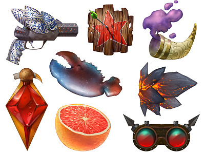Props fantasy food game grapefruit icons potion props rocks steampunk ui