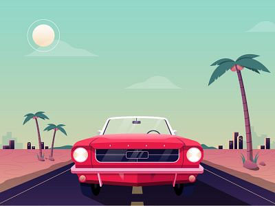 VROOM california car city dessert drive highway illustration illustrator mustang palm tree retro skyline sunny