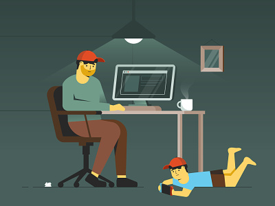Working from home coffee computer desk hat home illustration illustrator kids office play switch wfh work