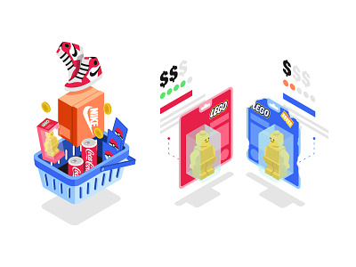 Shopping cart coca cola coke compare design illustration illustrator isometric lego nike pokemon price shoes shopping toy toys vector