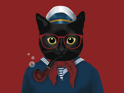 Captain Bubbles bubbles captain cat hipster illustration illustrator kitty maroon pipe portrait red sailor