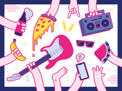 PARTAYYY!!! banana beer guitar hands illustration illustrator party pizza spring summer sun watermelon