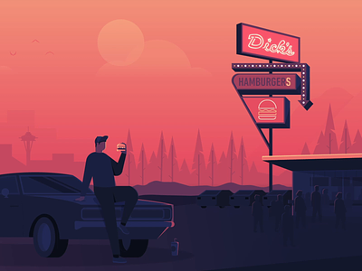 Seattle Summers burger car diner fast food graphic hamburger illustration illustrator motion pnw seattle summer sunset