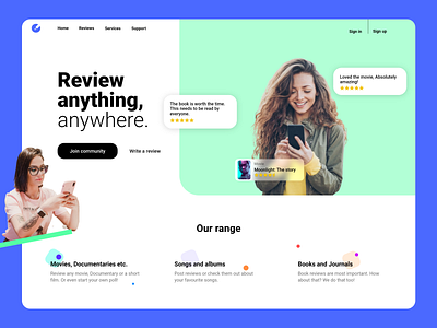 Review platform landing page artistic best shot book books color design illustrator imdb movie app music reviews ui uiux userexperience userinterface ux webdesign