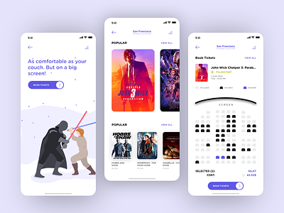 Movie ticket booking android app application booking design illustrator ios mobile movie purple ticket ui uiux user experience userinterface ux uxprocess xd