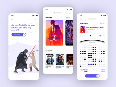 Movie ticket booking android app application booking design illustrator ios mobile movie purple ticket ui uiux user experience userinterface ux uxprocess xd