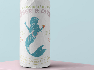 Beer & Dive, beer bottle identity beer bottle design identity illustration logo marine mermaid package pastel pizza visual