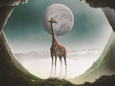 Fantasy Giraffe abstract art album artwork artwork blue sky creative fantasy giraffe grass green grey landscape mountains photomanipulation planet surrealism