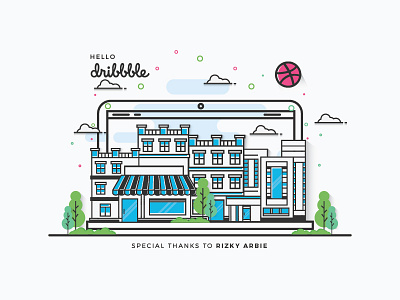 Hello Dribbble ! building city dribbble first shoot flat hello illustration invites landscape