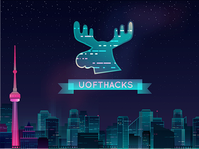 UofTHacks 2019 bahen branding building city cn tower design hackathon illustration moose night toronto uoft uofthacks