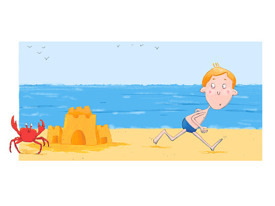 Konrad is still frightened beach boy children crab digital illustration sea summer