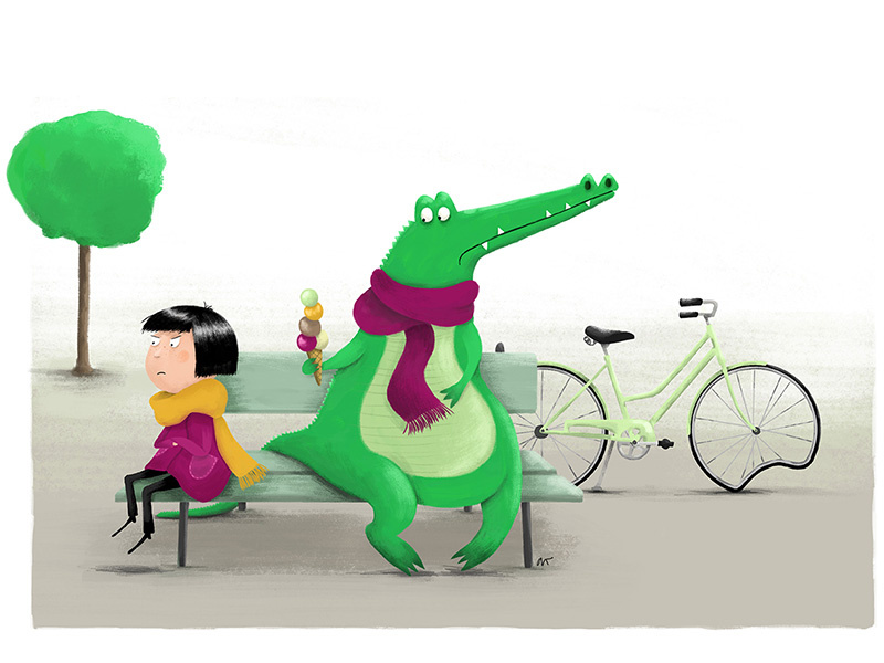 Friends girl crocodile bicycle illustration digital cgma