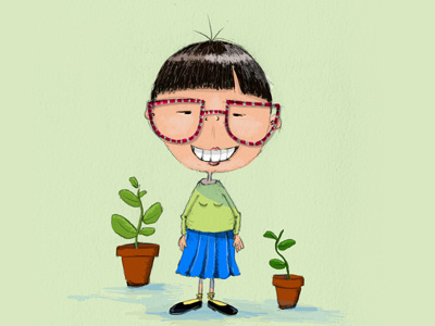 Rosa Ling digital girl glasses green illustration pencil plants