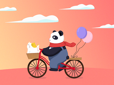 Riding bicycle at sunset bicycle cat illustration panda riding