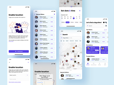 Mobile app Find dog sitter app design enable location filters illustration illustrator location logo procreate profile search search filters time filter ui vector