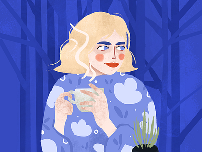 First Coffee, Then Gossip blonde girl clothes coffee coffee shop cold weather cozy design drink fashion fun look girl illustration lilac pattern plants purple restaurant trees winter woman