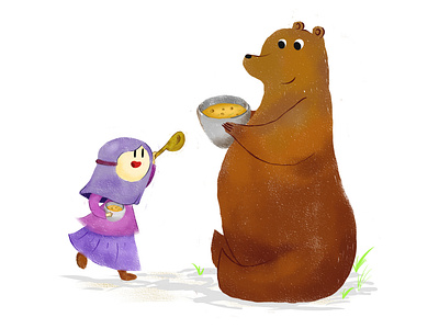 May I try, Mr. Bear? animal animal art animal illustration bear brown bear brush children children book illustration childrens book childrens illustration crayon food happy hijab kid kids illustration muslim painted soup