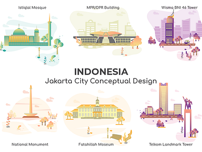 Jakarta City of Indonesia Vector art building design flat flat design gedung mpdpr gradient graphic icon illustration jakarta minimal modern monas pattern symbol ui ux vector website