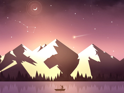 The lake concept digital illustration lake mountains photoshop pink purpure sky stars wacom