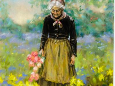 Soft pastel portrait of old lady on flower field