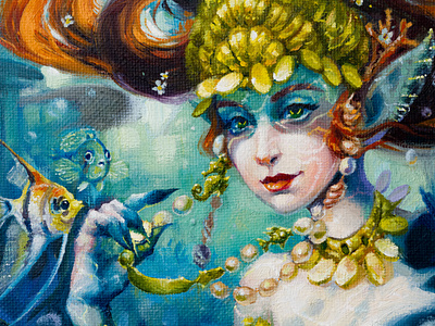 Original Mermaid small oil painting on linen canvas
